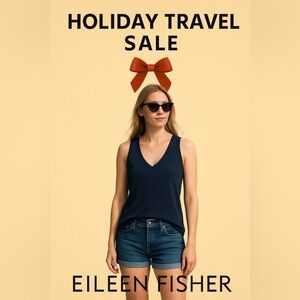 Eileen Fisher Navy Blue V Neck Knit Tank Top Sleeveless Cotton Silk Blend Large